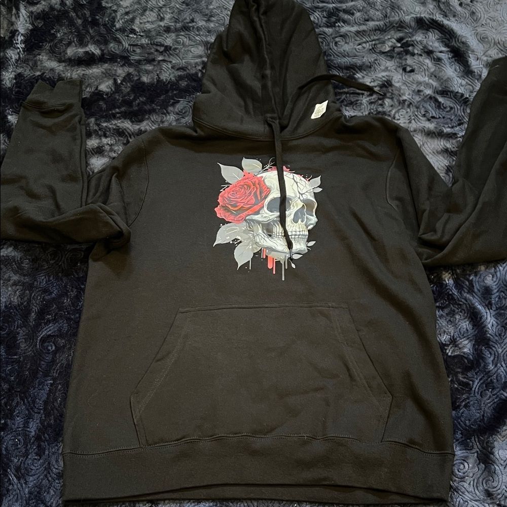 Skull and Rose Design Black Hoodie (Men’s M)